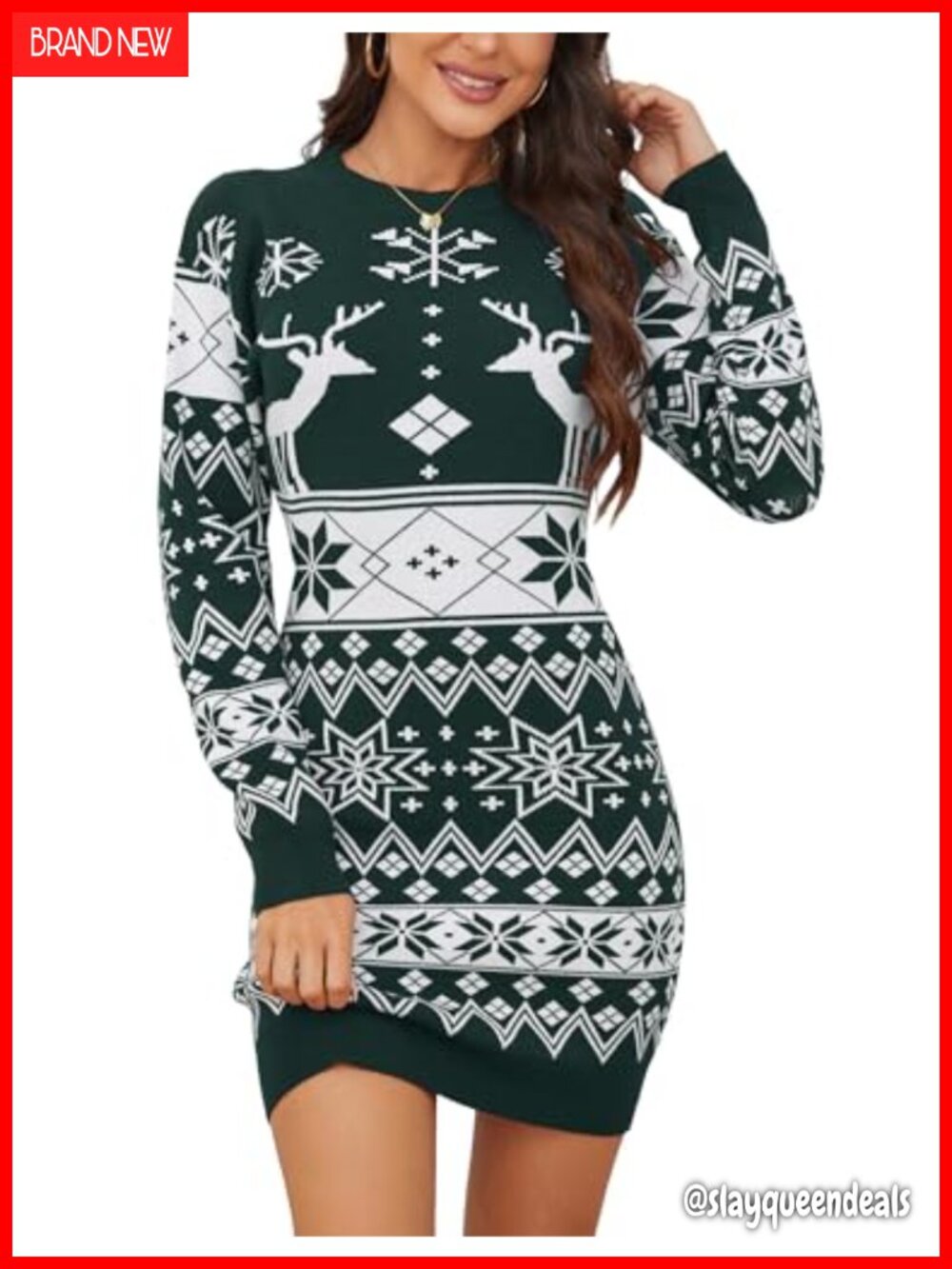Women Christmas Sweater Dress Long Sleeve Crew Neck Elk Floral Pullover Tunic
